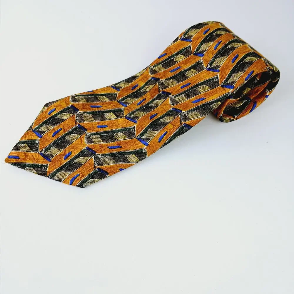 Ermenegildo Zegna Italy 100% Silk Tie Mustard Yellow Blue Green Black Geo Print